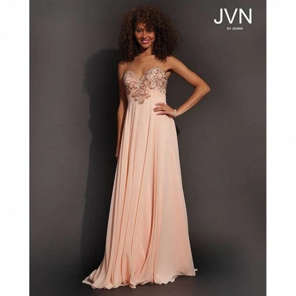 Jovani Peach Jeweled Sweetheart Strapless Gown - Picture 4 of 14